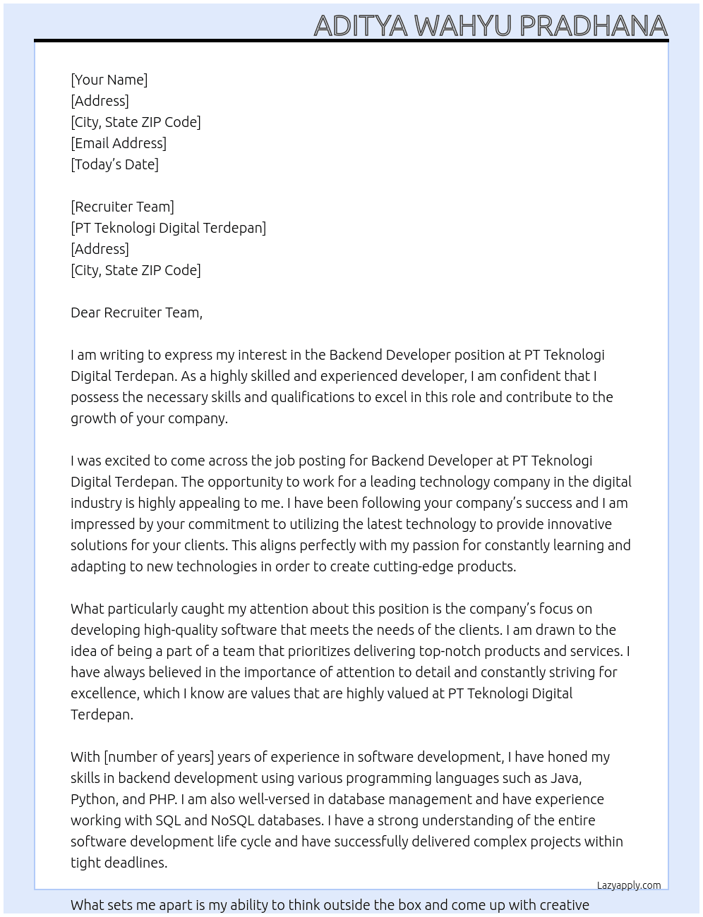 Backend Developer At PT Teknologi Digital Terdepan Cover Letter