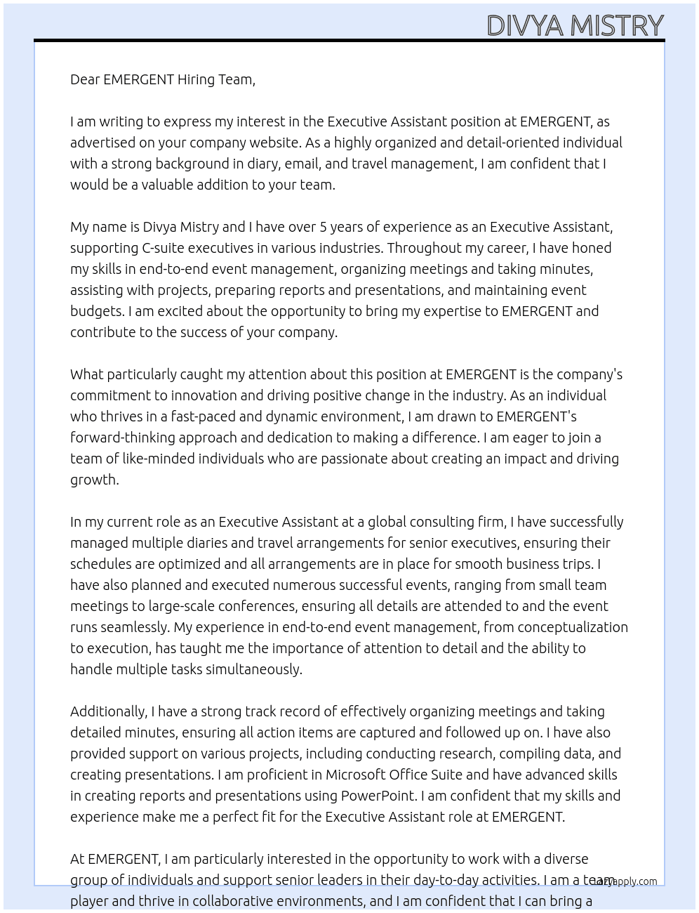 Executive Assistant At EMERGENT Cover Letter