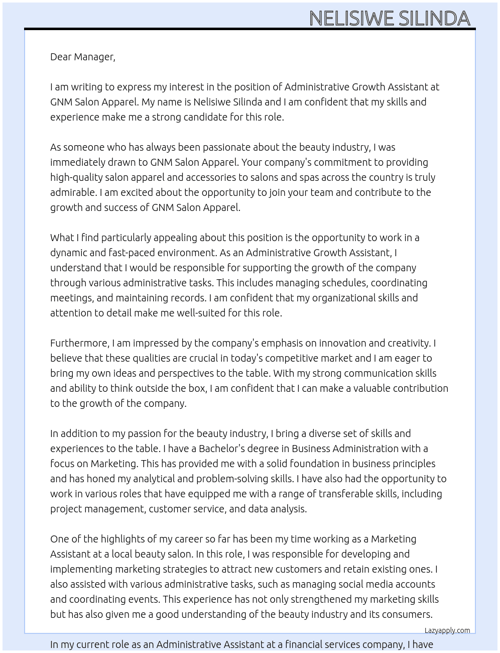 Administrative Growth Assistant At GNM Salon Apparel  Cover Letter