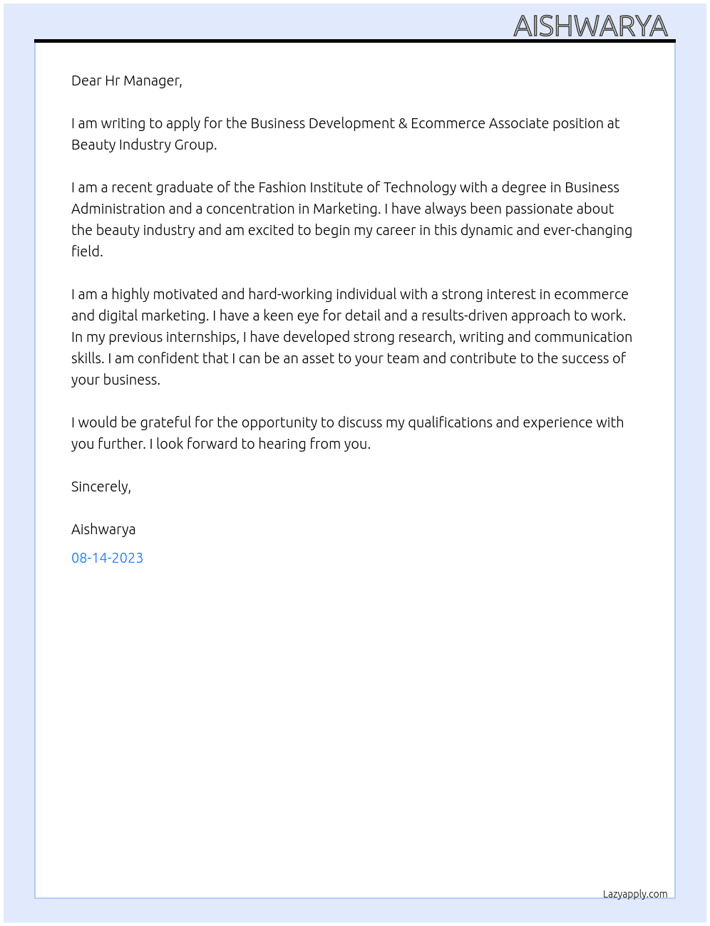 Business development & ecommerce Associate At Beauty Industry Group Cover Letter