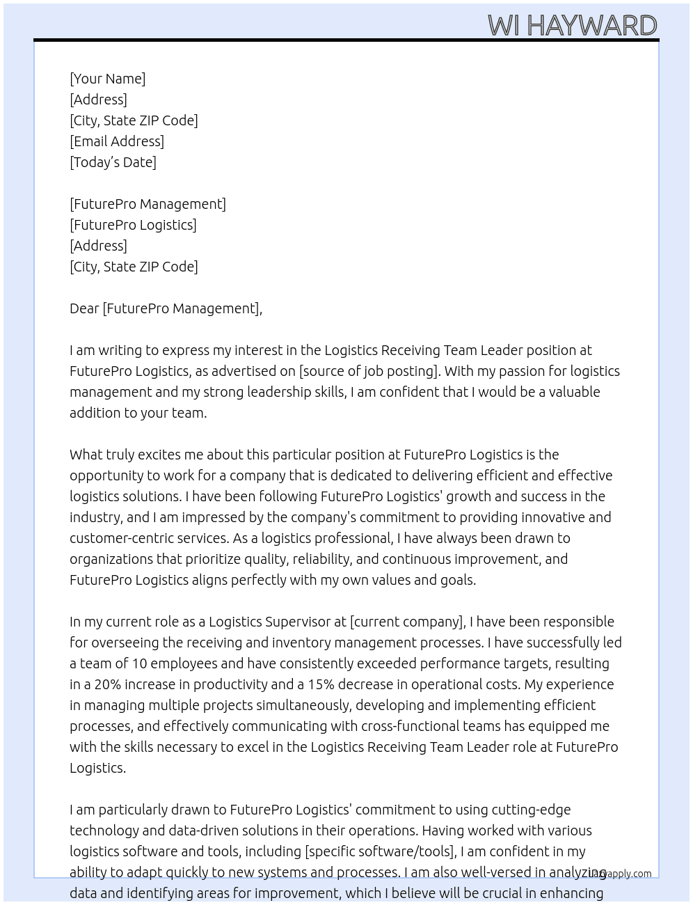 Logistics Receiving Team Leader At FuturePro Logistics Cover Letter