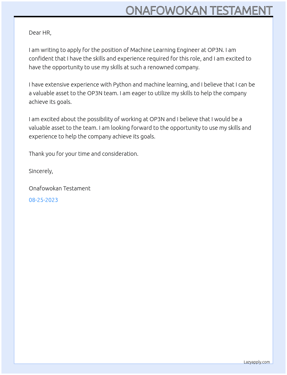 Machine learning engineer At OP3N Cover Letter