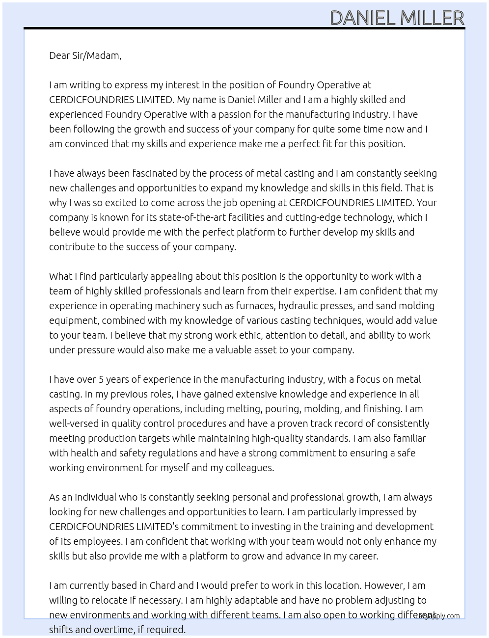 Foundry Operative At CERDICFOUNDRIES LIMITED  Cover Letter