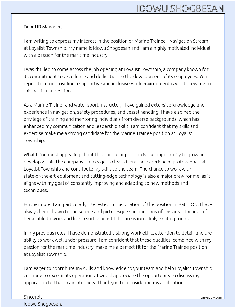 Marine Trainee - Navigation Stream At Loyalist Township Cover Letter