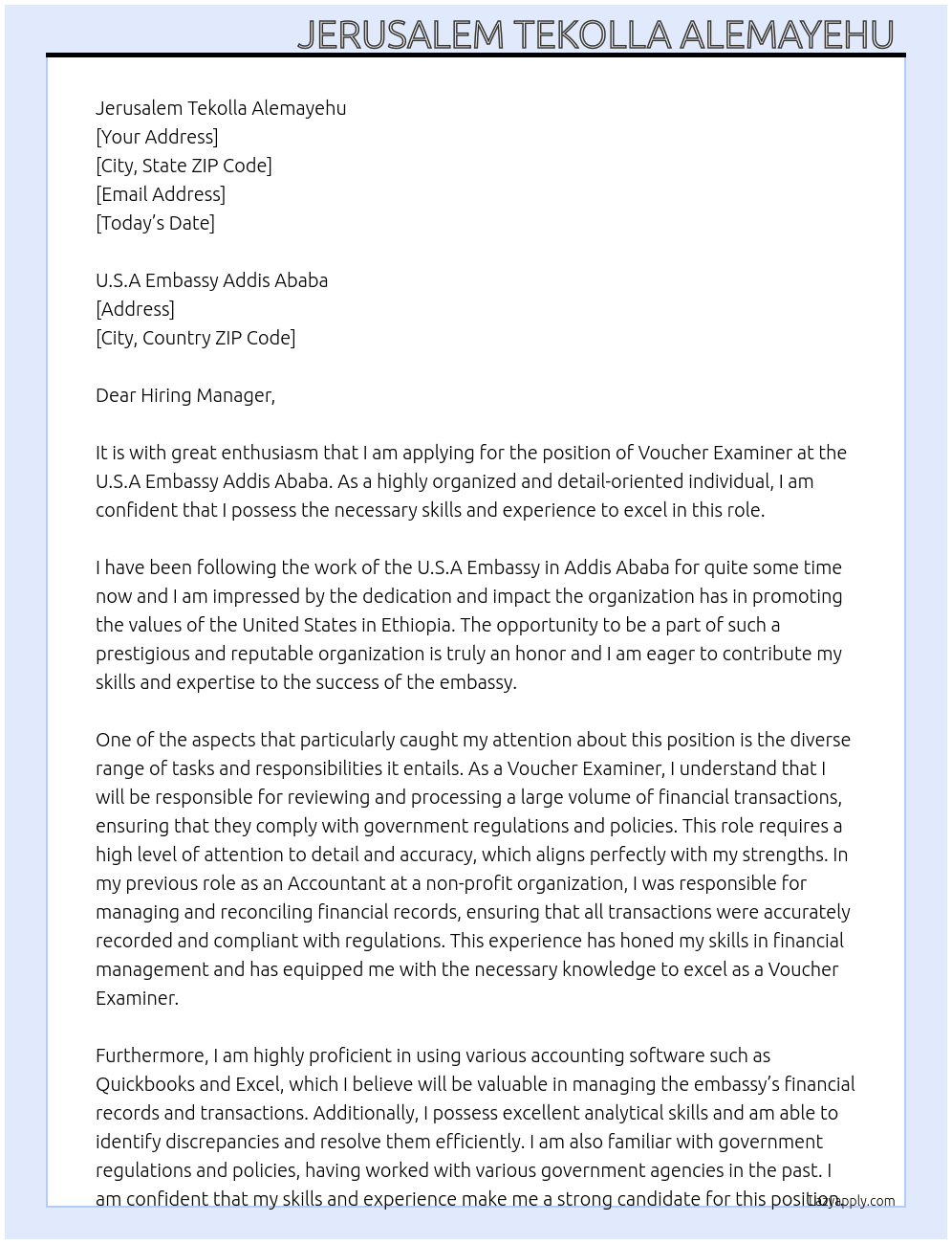 Voucher Examiner  At U. S. A Embassy Addis Ababa  Cover Letter