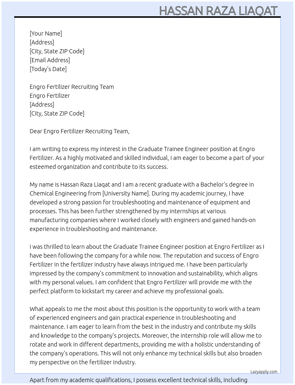 Graduate Trainee Engineer  At Engro Fertilizer  Cover Letter