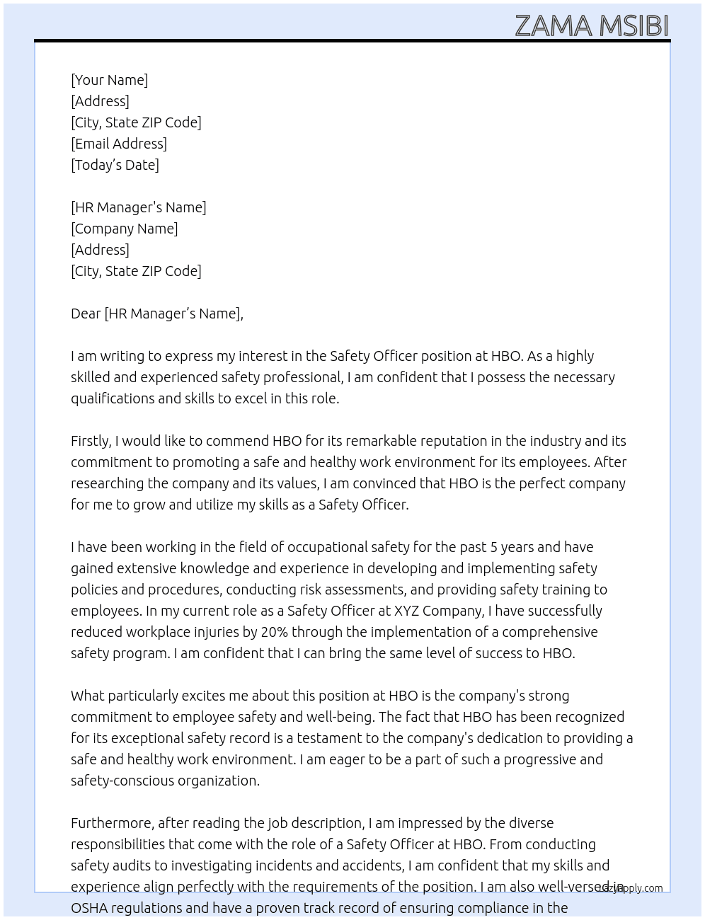 safety officer  At HBO Cover Letter