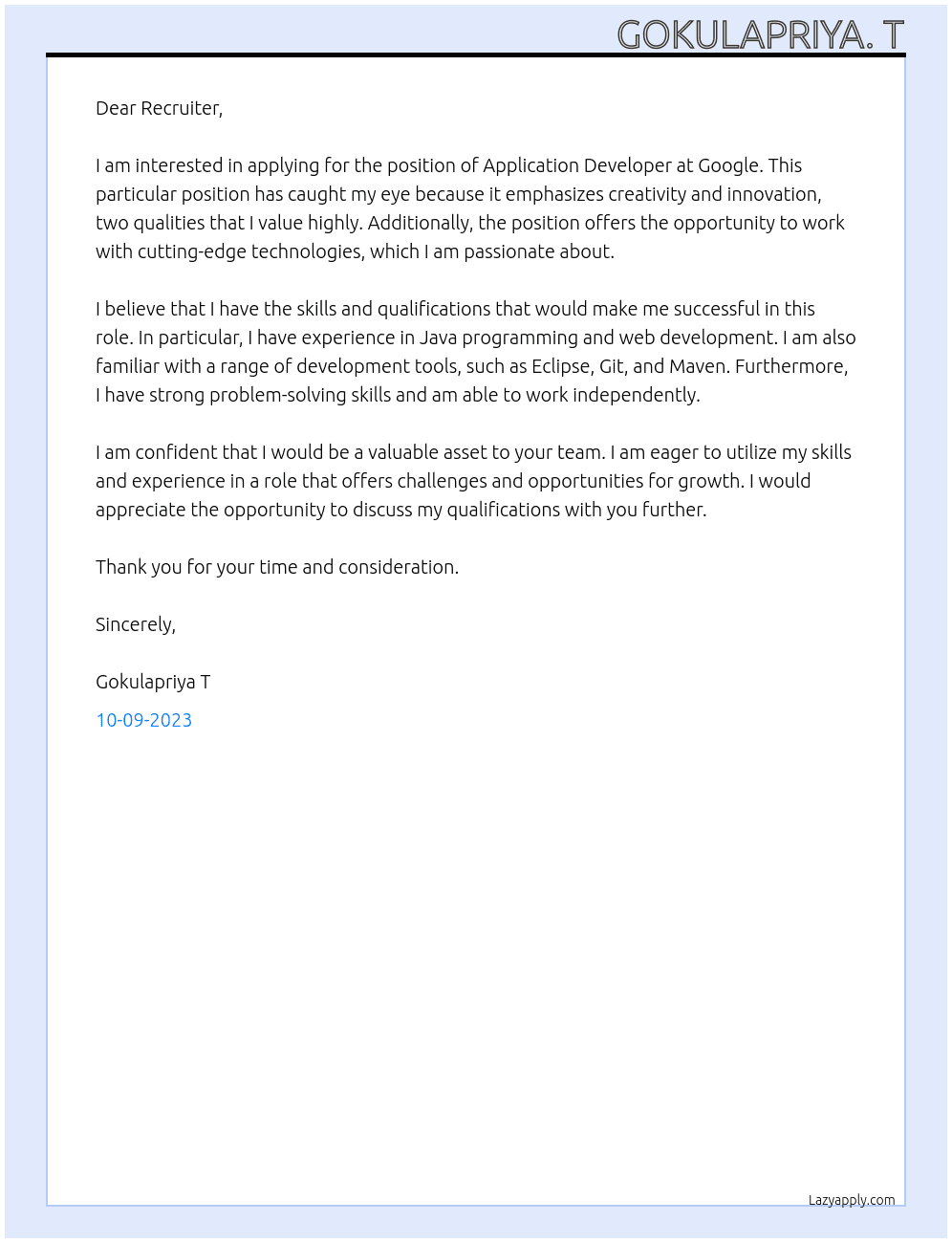 application developer At google Cover Letter
