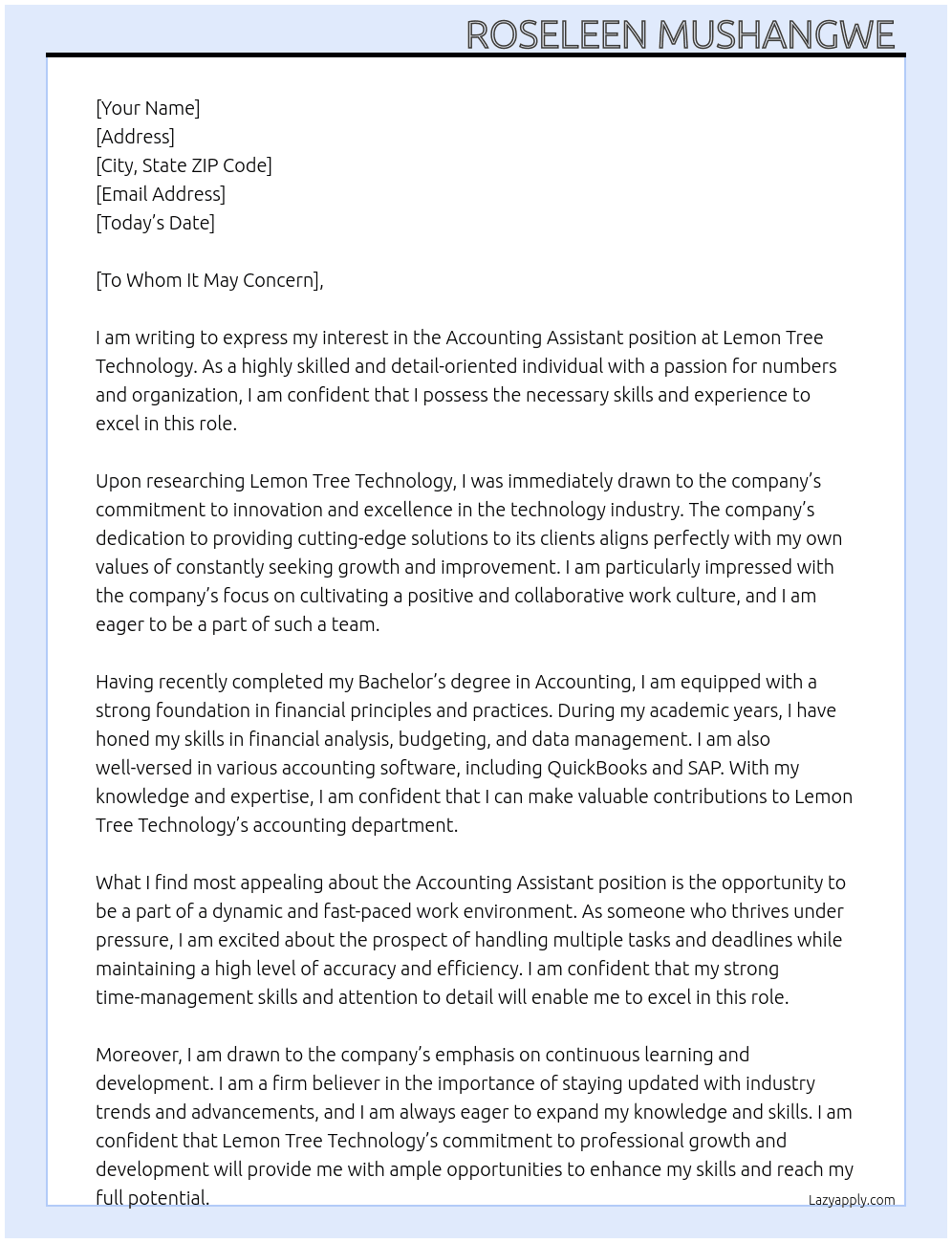 Accounting Assistant  At Lemon tree technology  Cover Letter