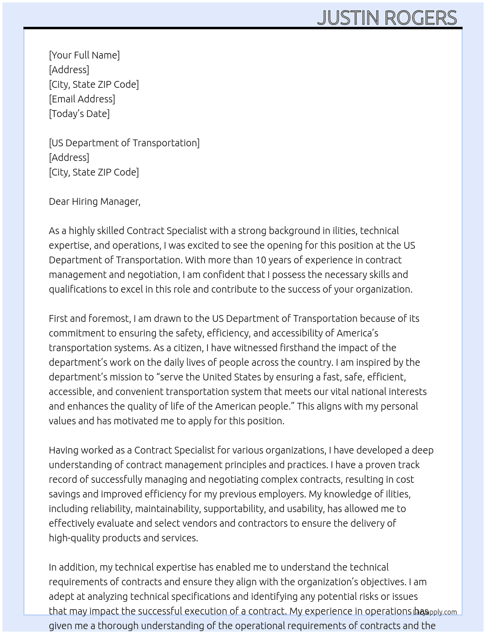 Contract Specialist  At US Department of Transportion  Cover Letter