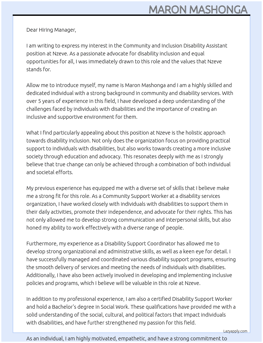 Community and Inclusion Disability Assistant  At Nzeve  Cover Letter