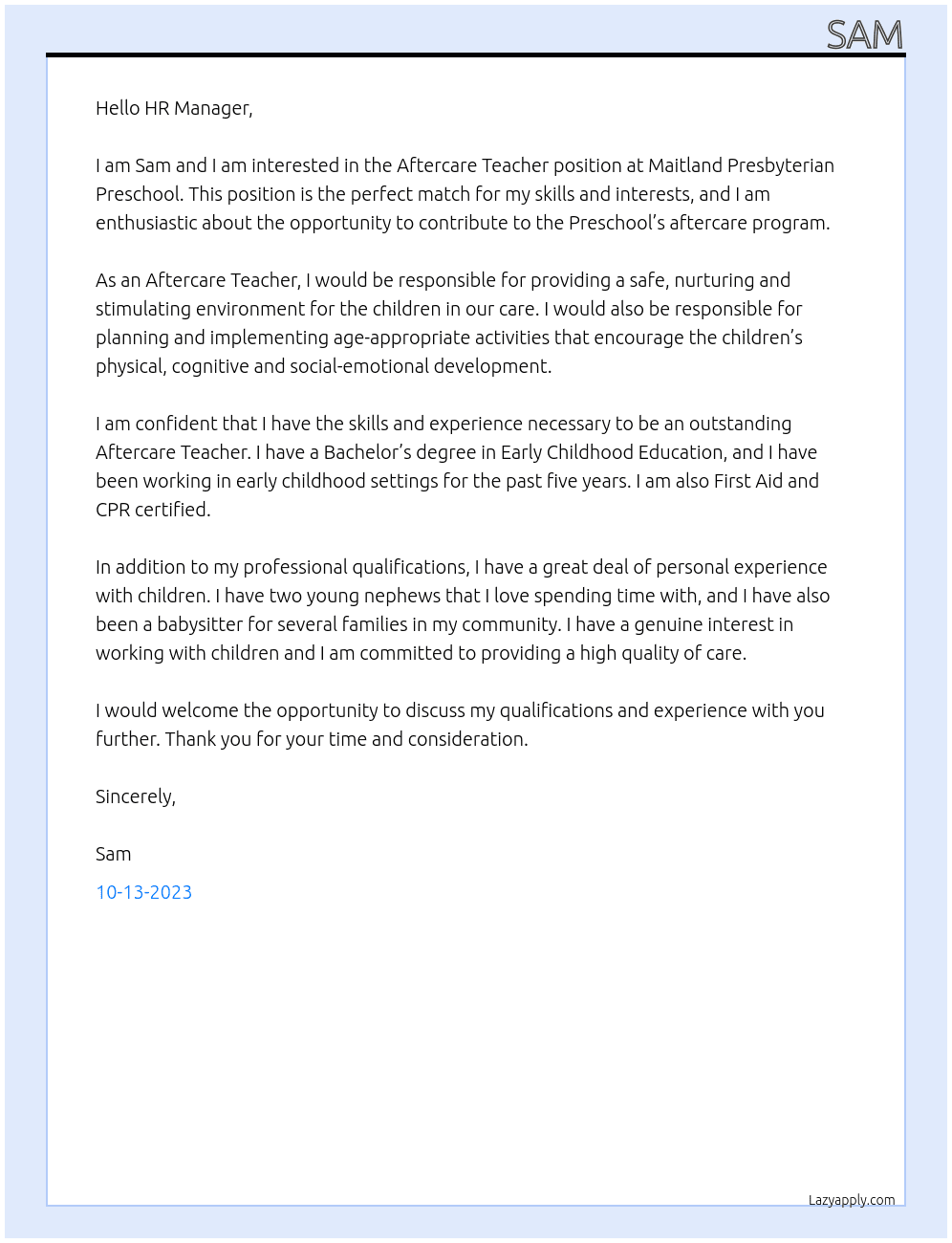 aftercare teacher At maitland presbyterian prschool Cover Letter