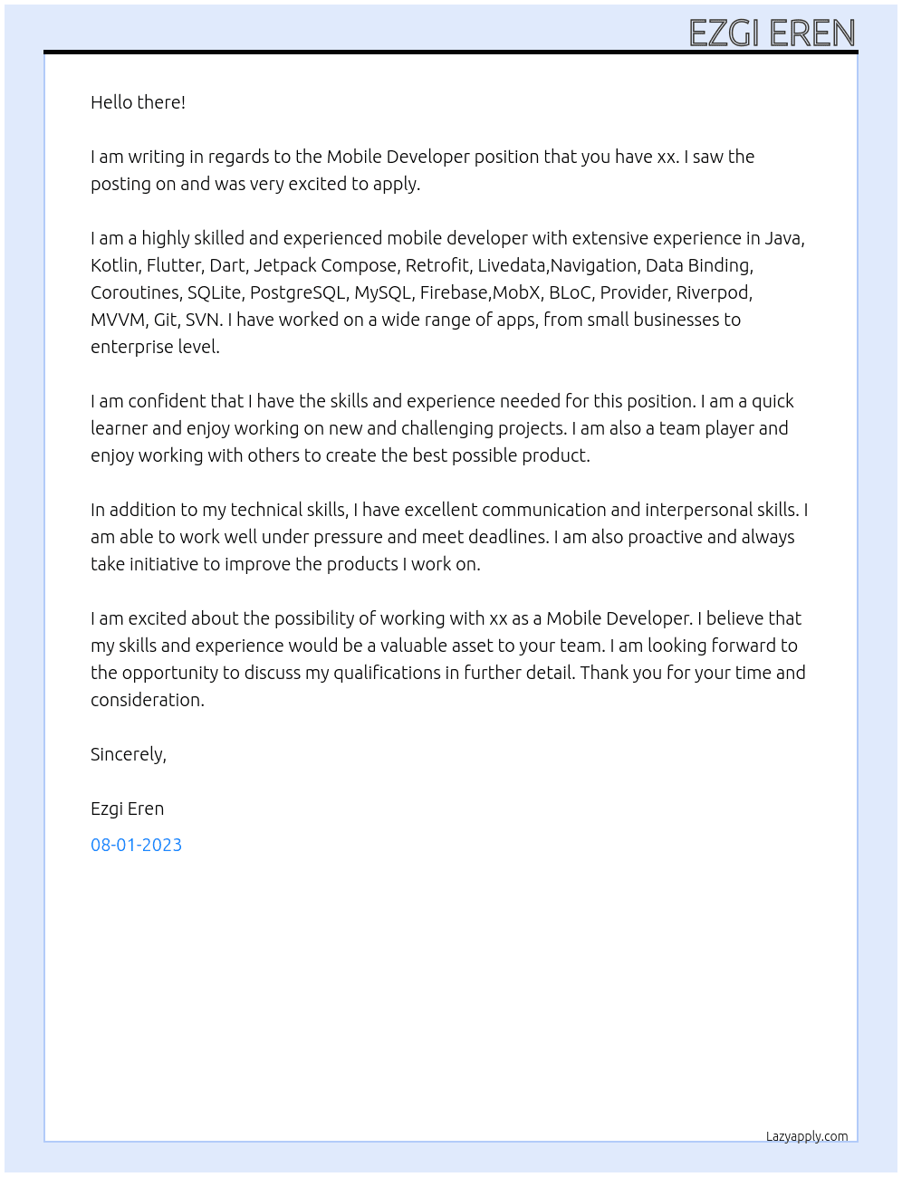 Mobile Developer At xx Cover Letter