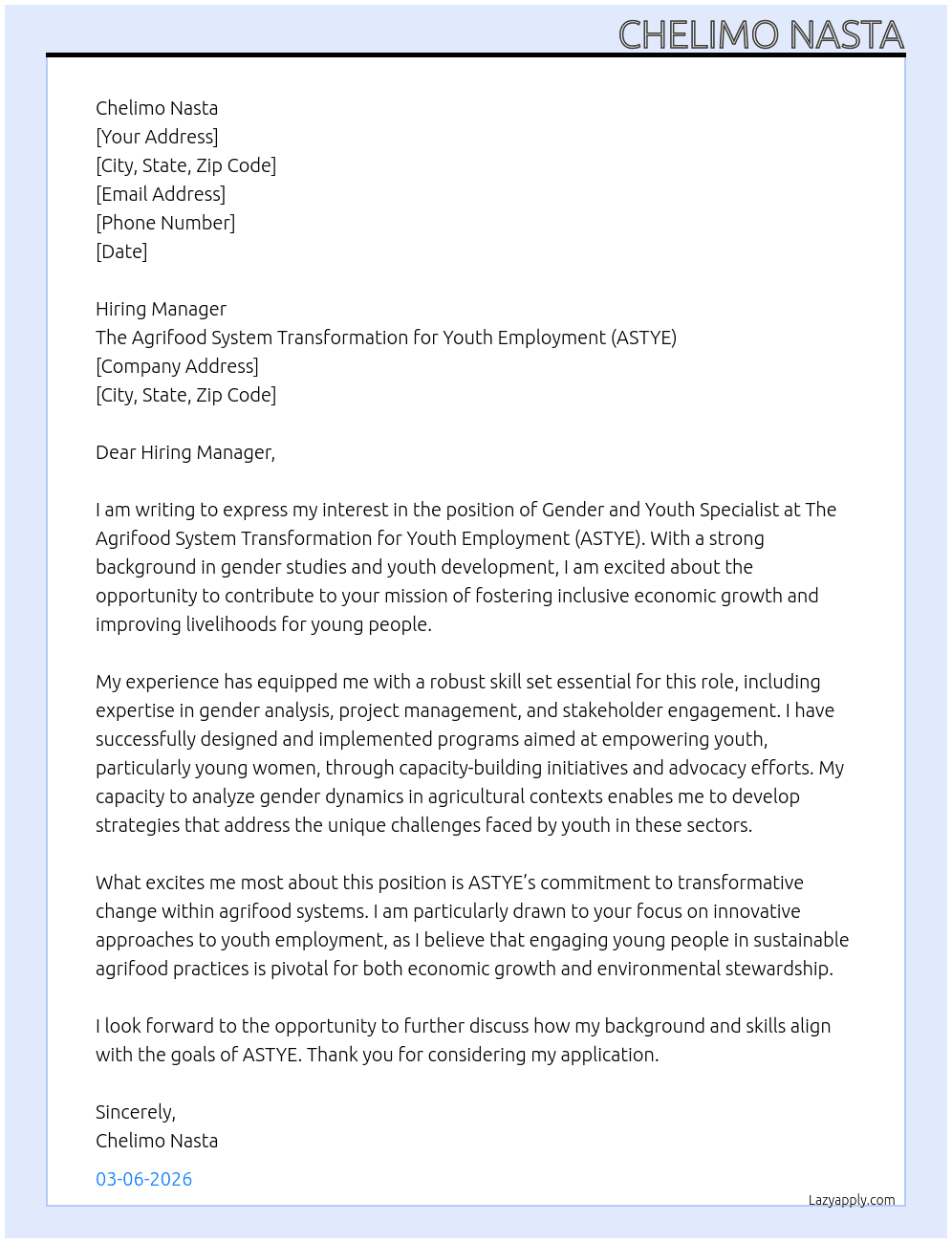 Cover letter for gender and youth specialist - LazyApply