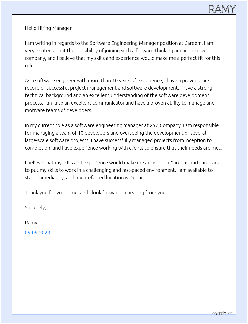 Software Engineering Manager At Careem Cover Letter