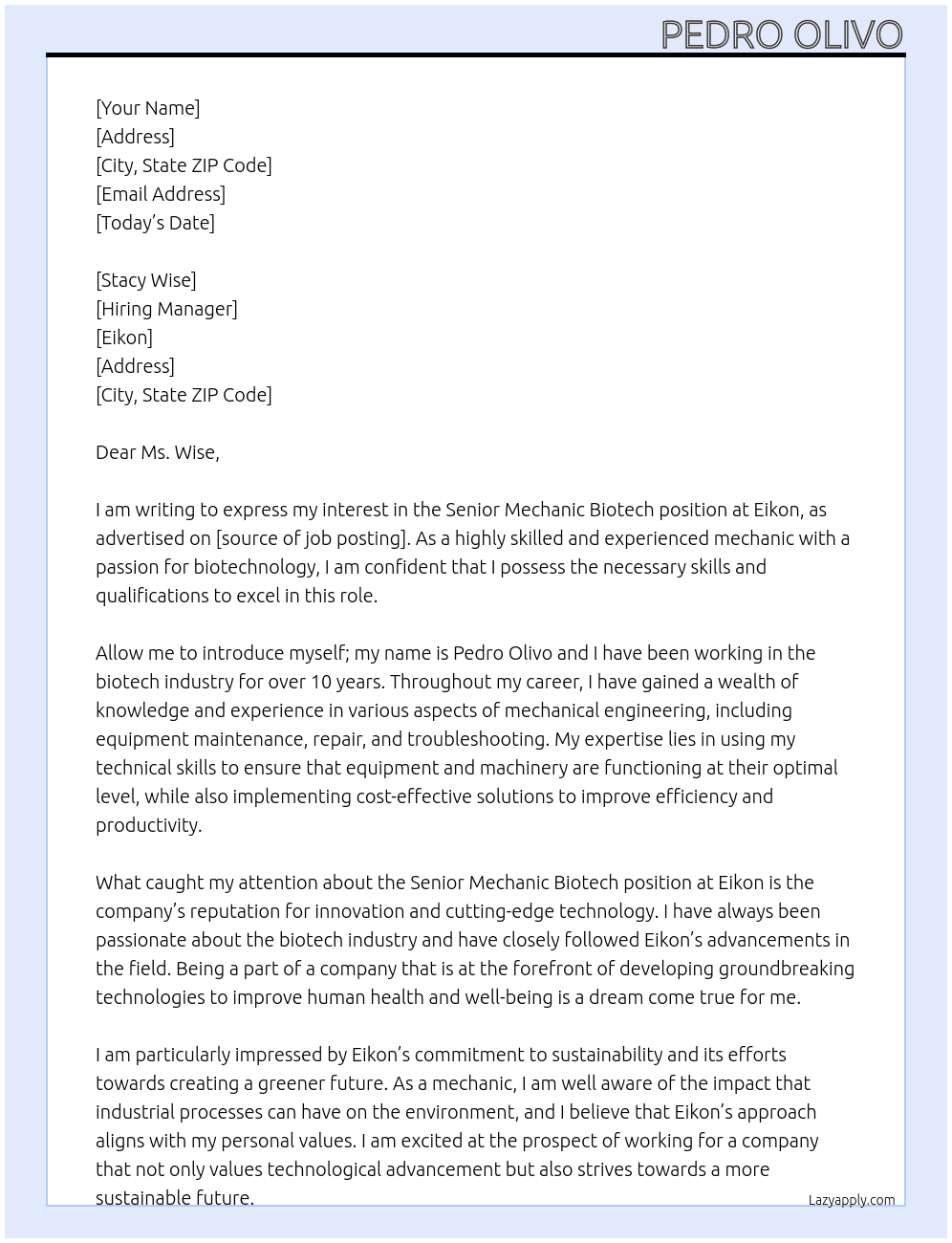 Senior Mechanic biotech At eikon  Cover Letter