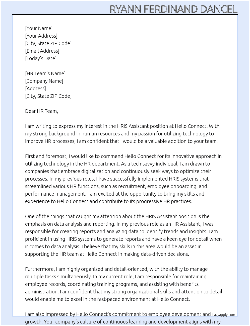 HRIS Assistant At Hello Connect Cover Letter