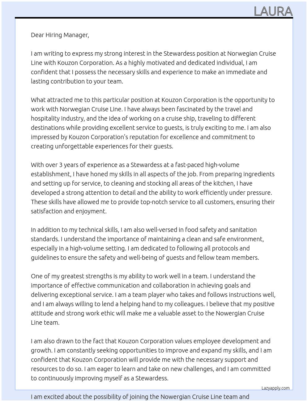 Cabin Stewardess At Kouzon Corporation  Cover Letter