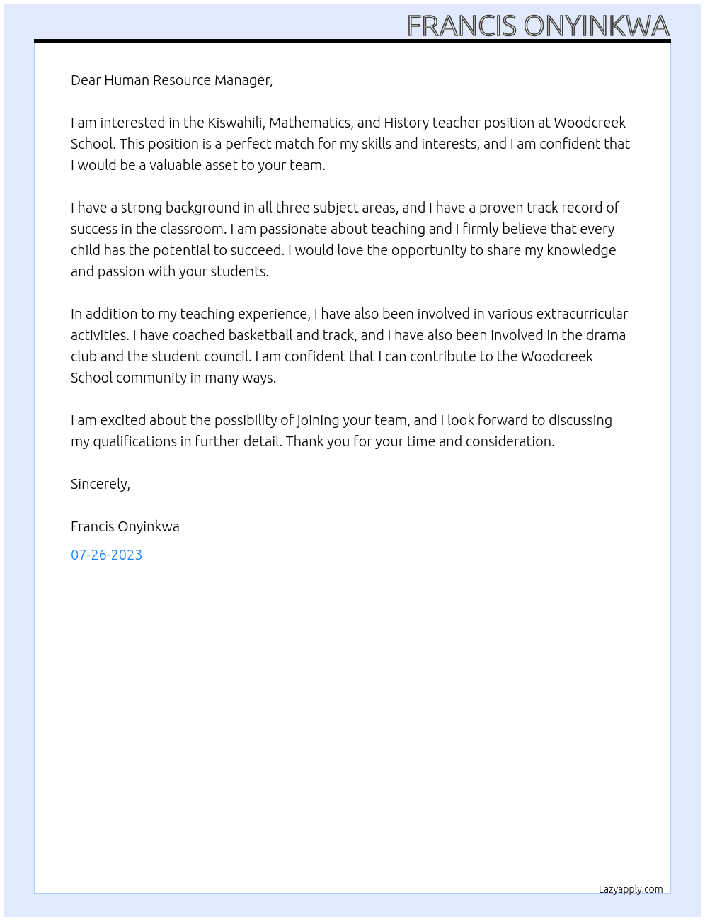 Kiswahili, Mathematics, and History teacher At Woodcreek School Cover Letter