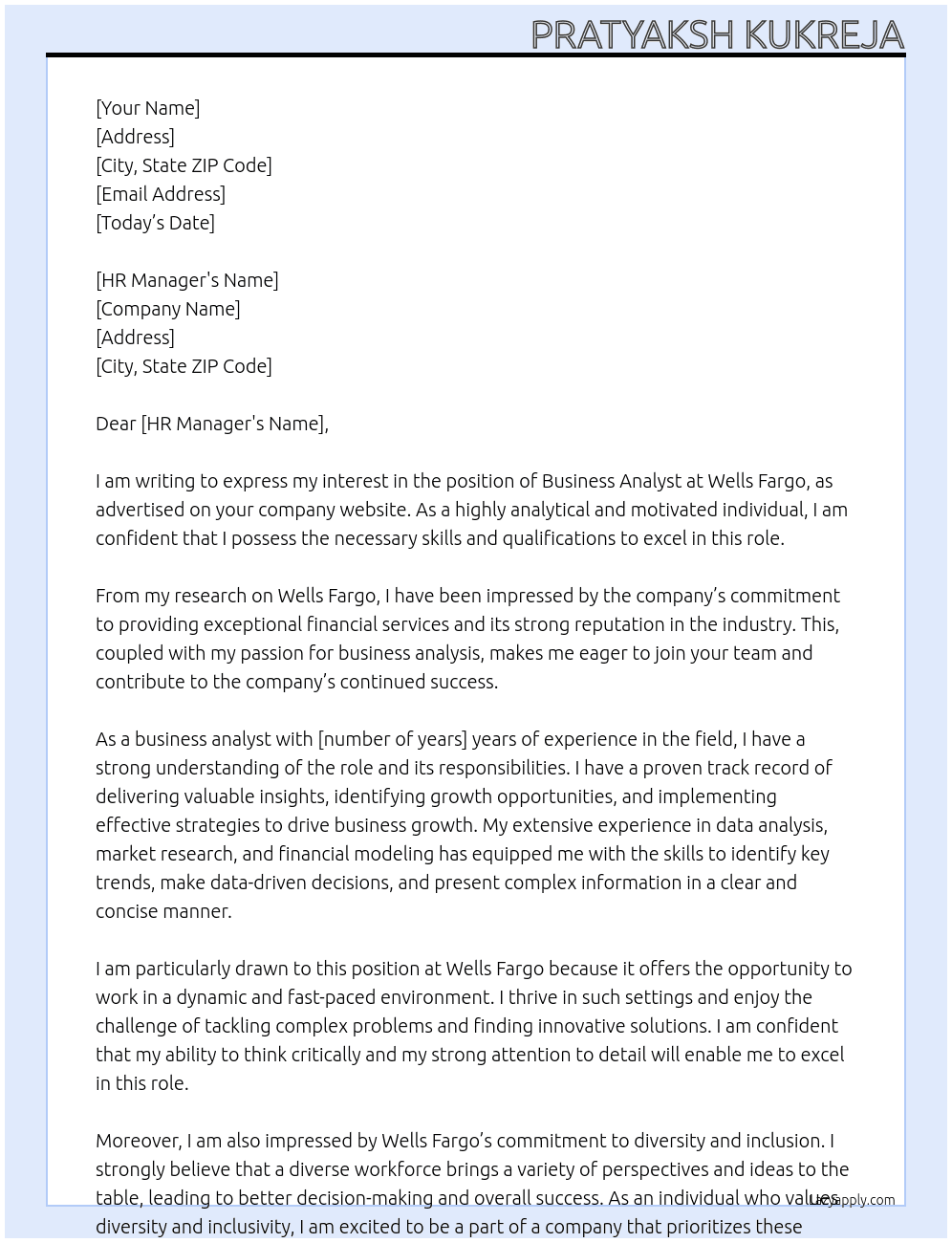 Business Analyst At Wells Fargo Cover Letter
