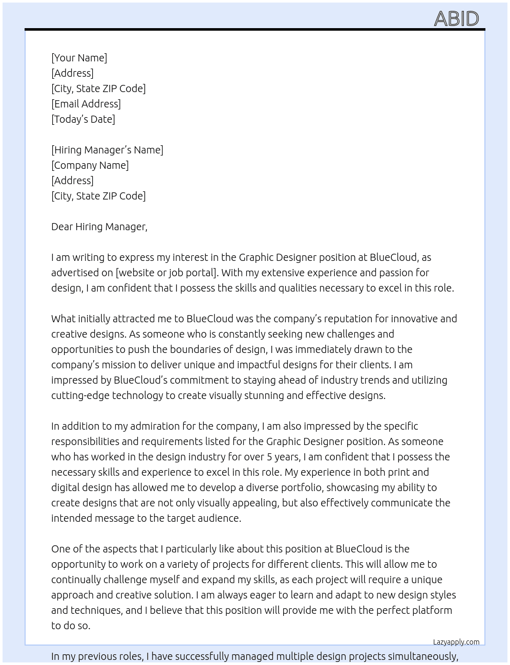 Graphic Designer At BlueCloud Cover Letter