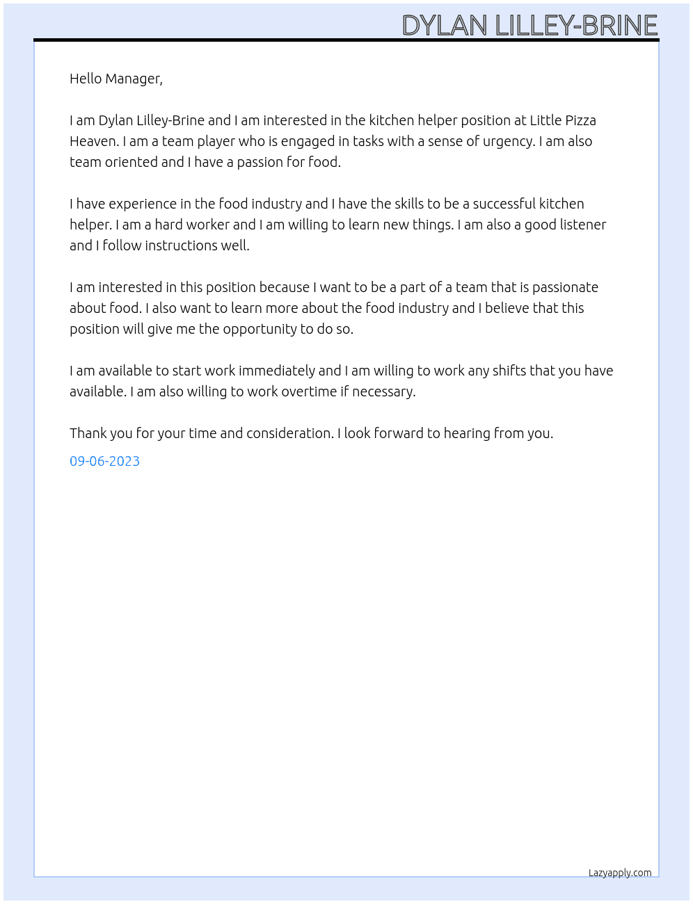 Kitchen Helper At Little Pizza Heaven Cover Letter