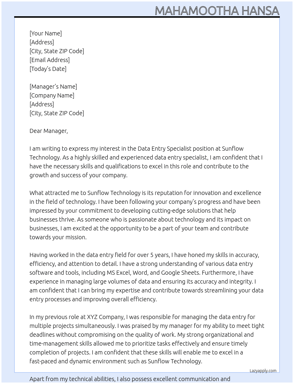 Data entry specialist At Sunflow Technology Cover Letter
