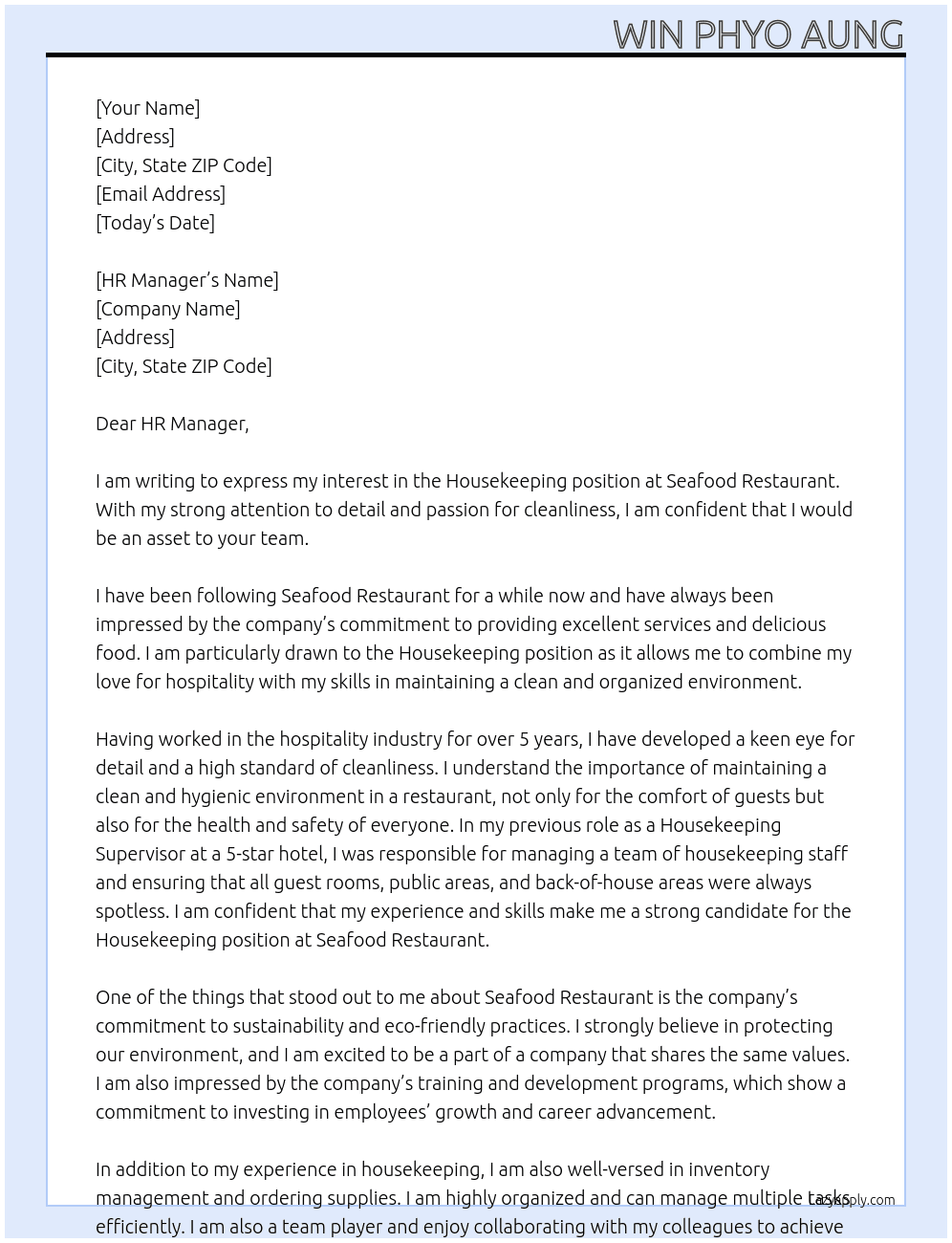 Housekeeping  At Seafood Restaurant  Cover Letter