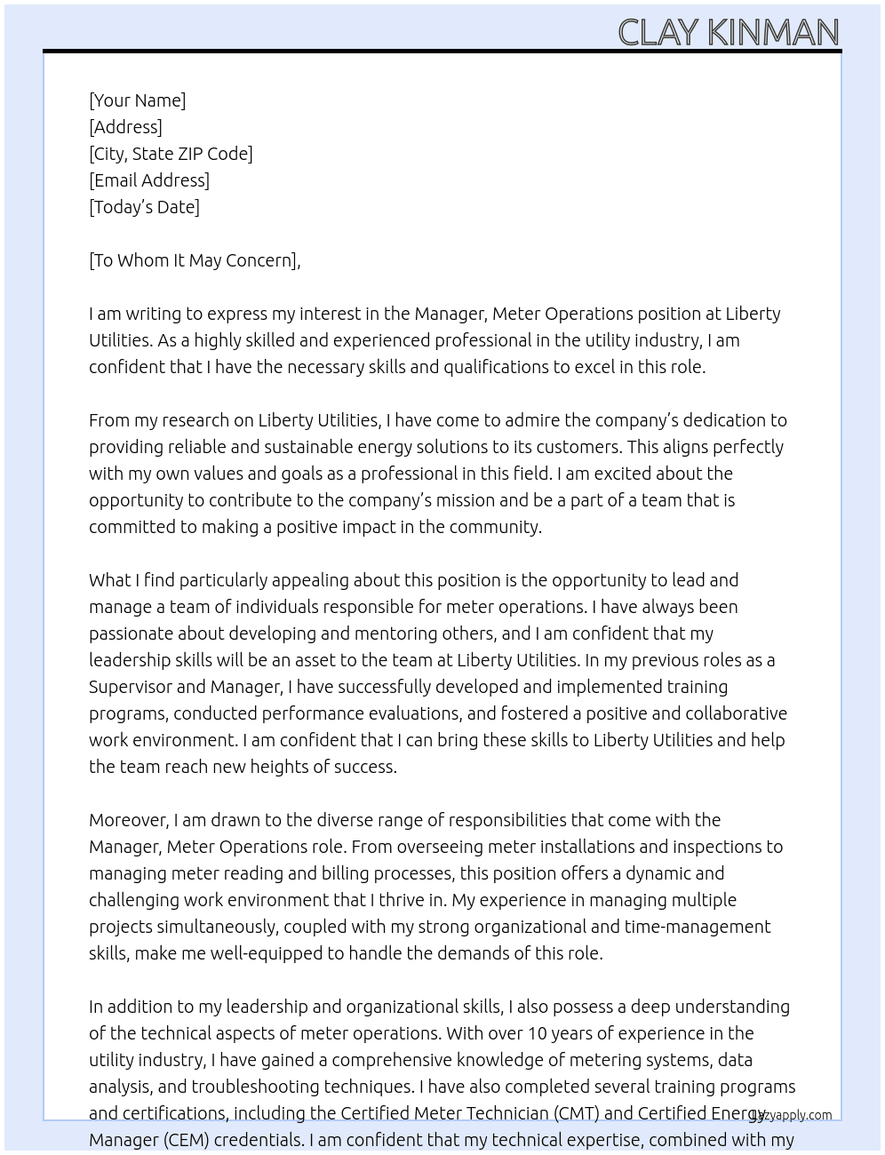 Manager, Meter Operations At Liberty Utilities Cover Letter