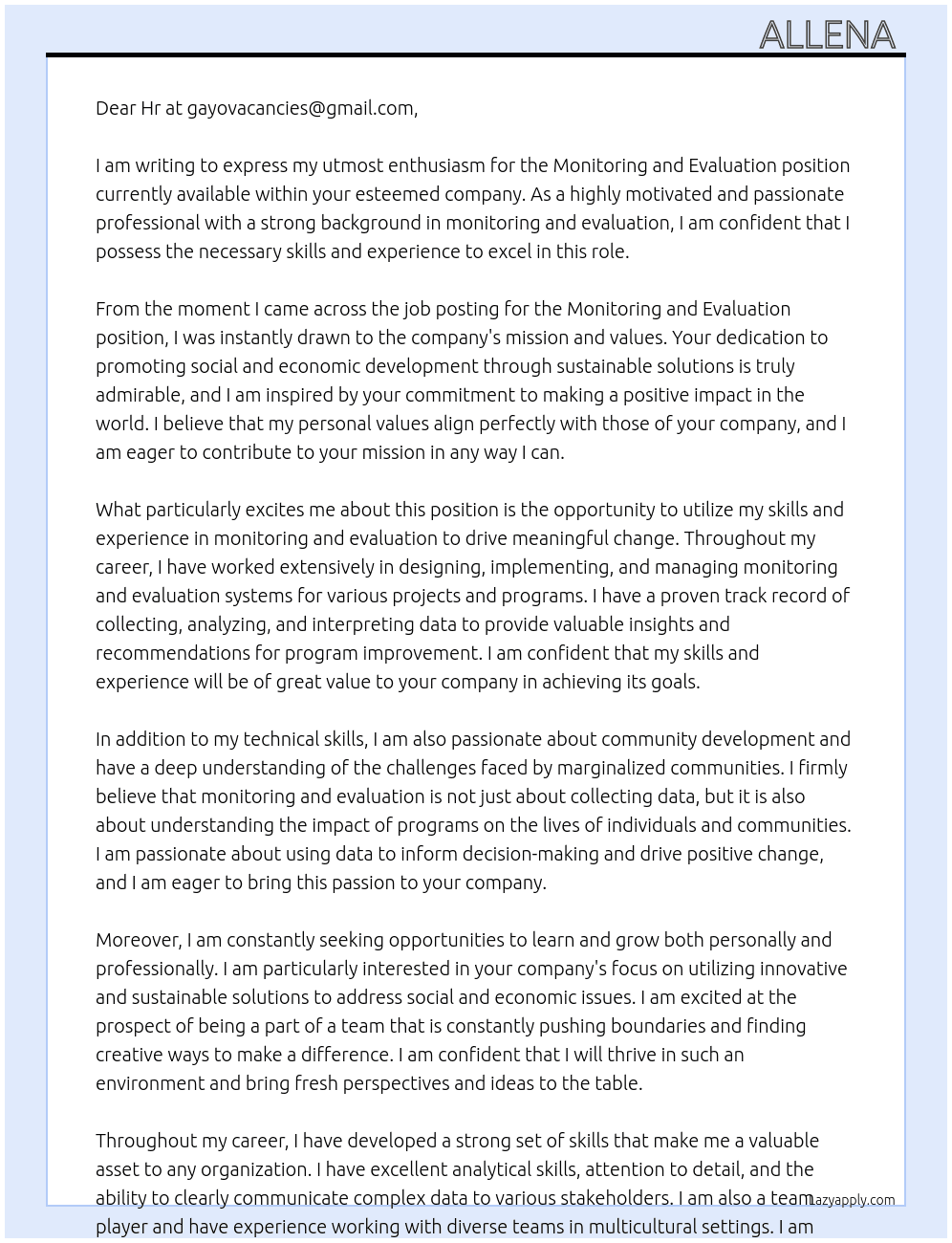 Monitoring and evaluation  At gayovacancies@gmail.com Cover Letter