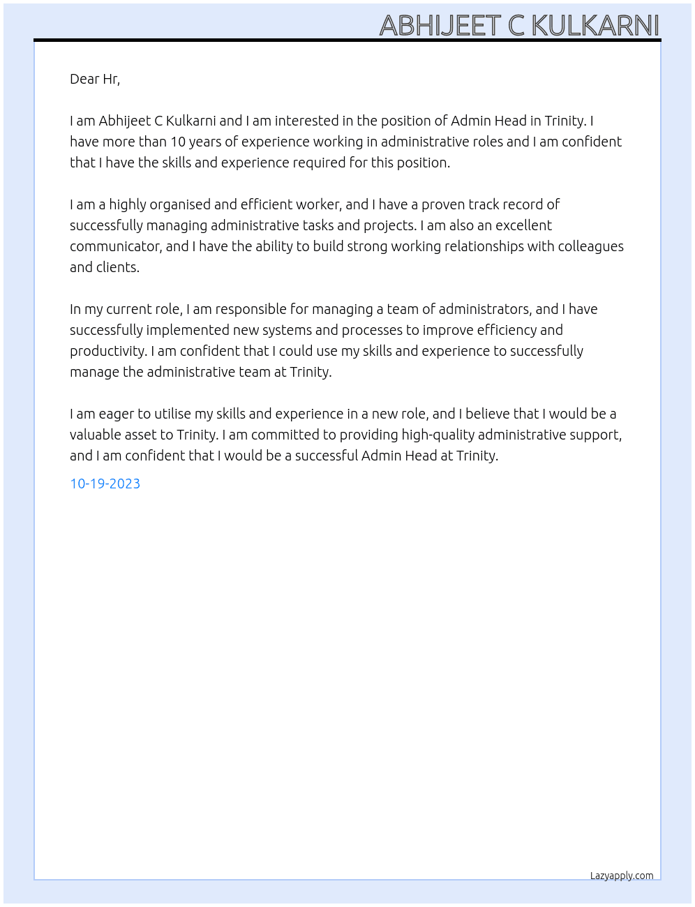 Admin Head At Trinity Cover Letter