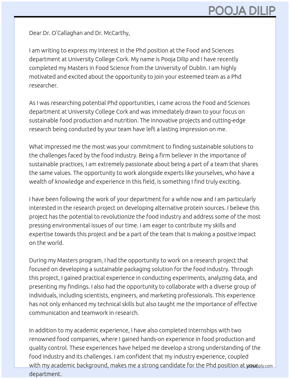 Phd At Food and sciences at university college cork Cover Letter