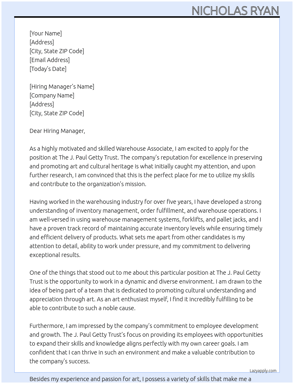 Warehouse Associate At The J. Paul Getty Trust Cover Letter