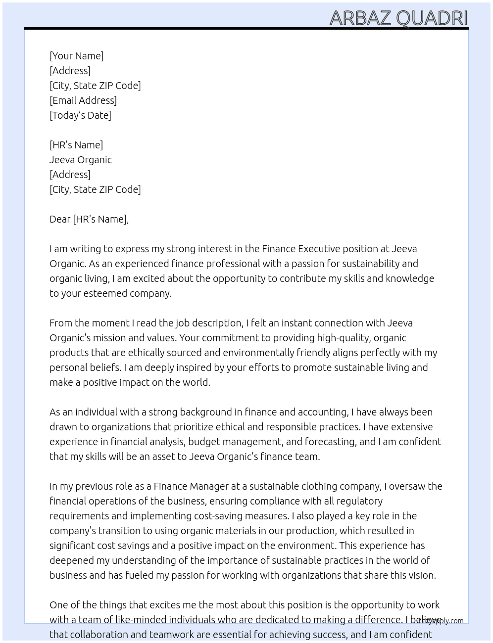 Finance Executive  At Jeeva Organic Cover Letter