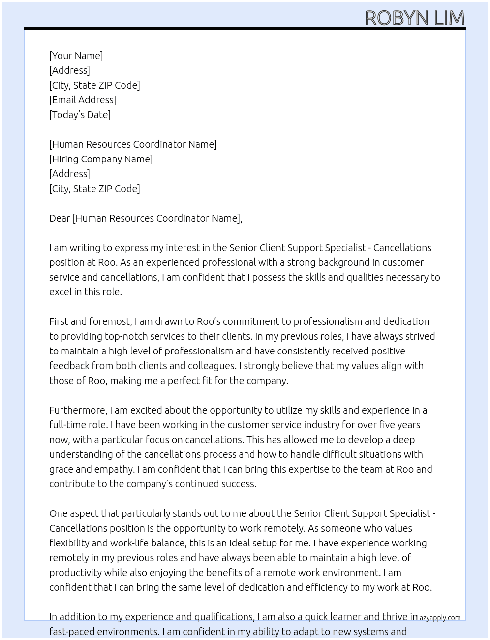 Cover letter for senior client support specialist - cancellations - LazyApply