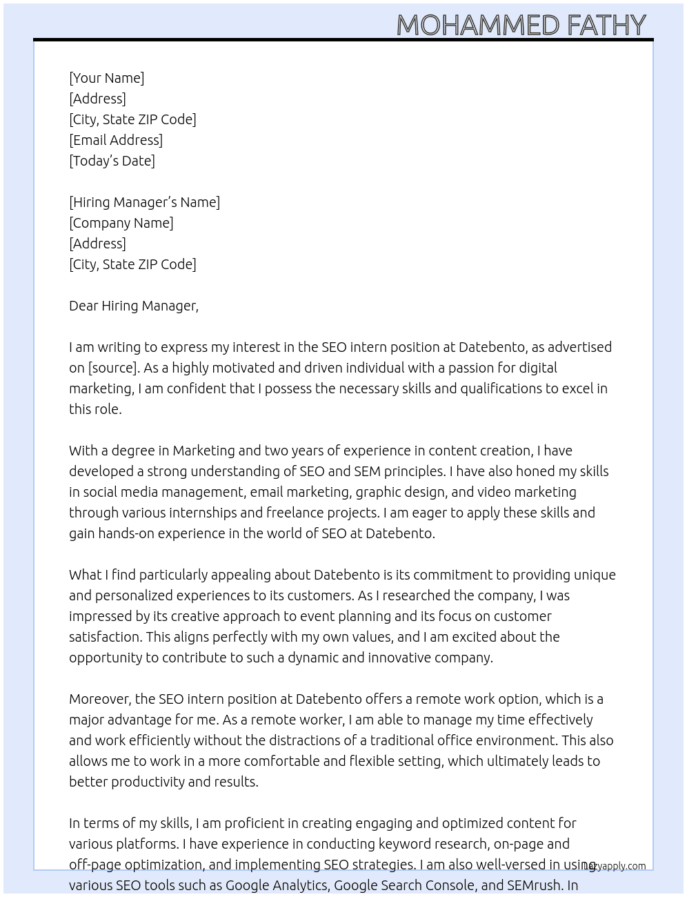 SEO intern  At Datebento Cover Letter
