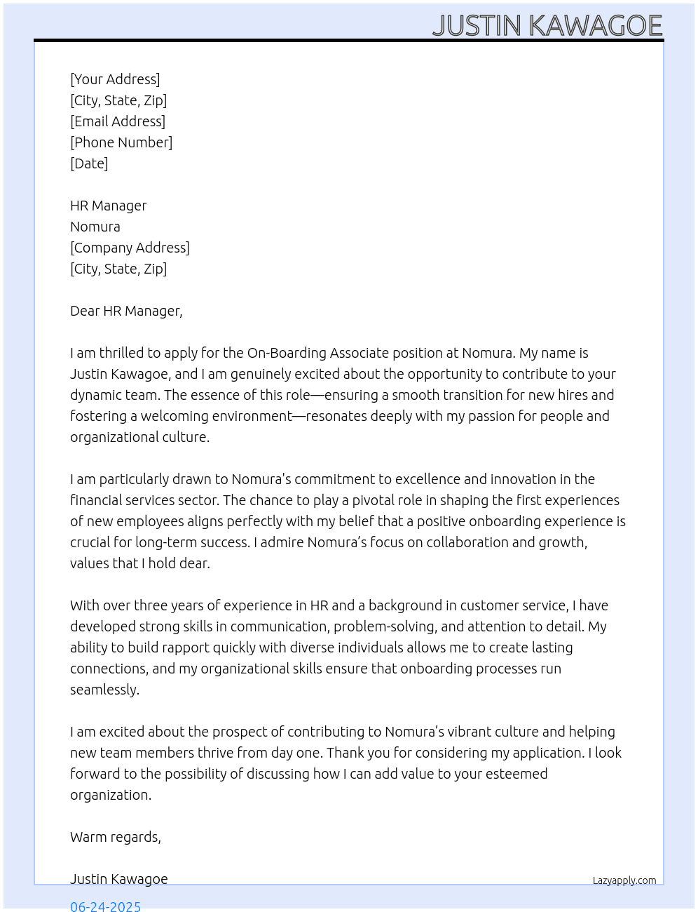 Cover letter for on-boarding associate - LazyApply