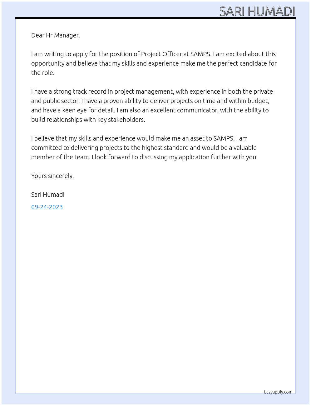 Project officer  At SAMPS Cover Letter