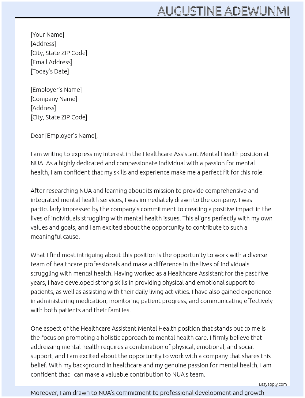 Healthcare Assistant Mental Health At NUA Cover Letter