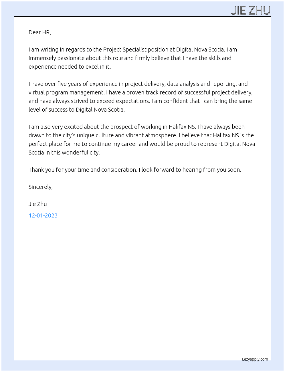 project specialist At Digital Nova Scotia Cover Letter