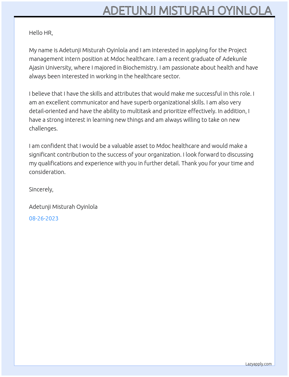 Project management intern At Mdoc healthcare  Cover Letter