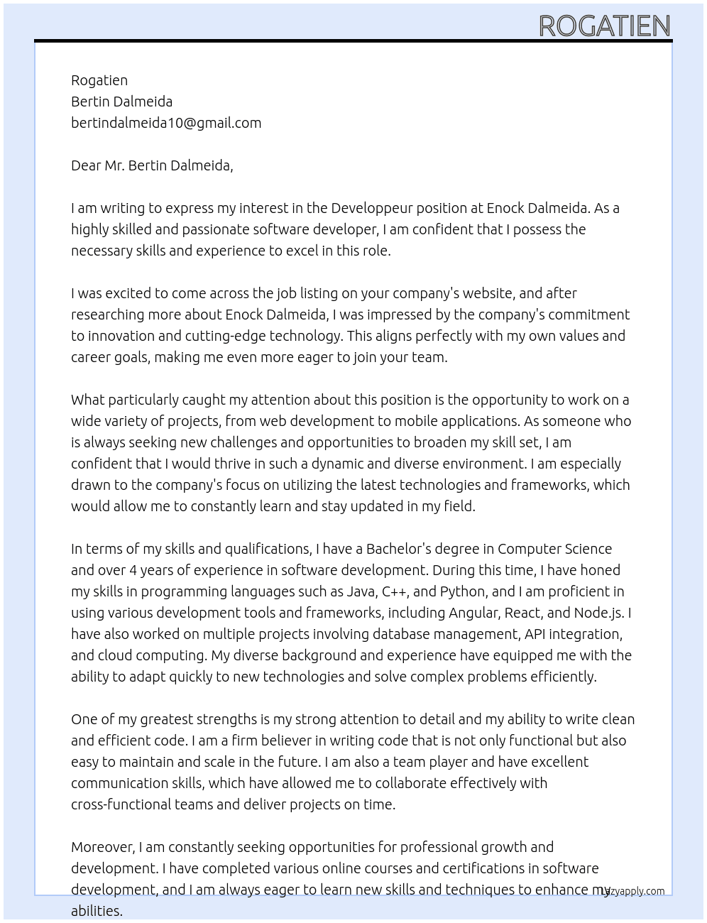 developpeur At enockdalmeida@gmail.com Cover Letter