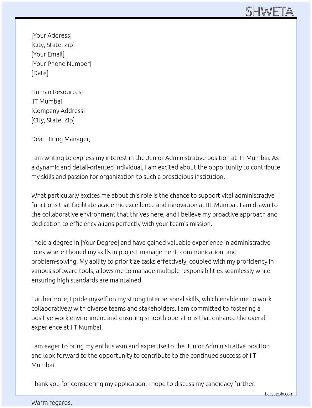 Junior administrative post  At IIT MUMBAI  Cover Letter