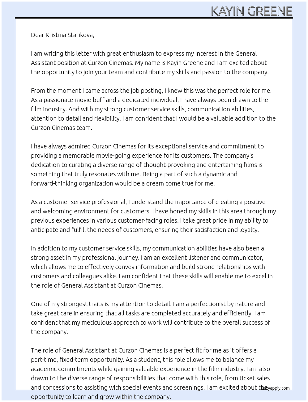 General Assistant At Curzon Cinemas Cover Letter