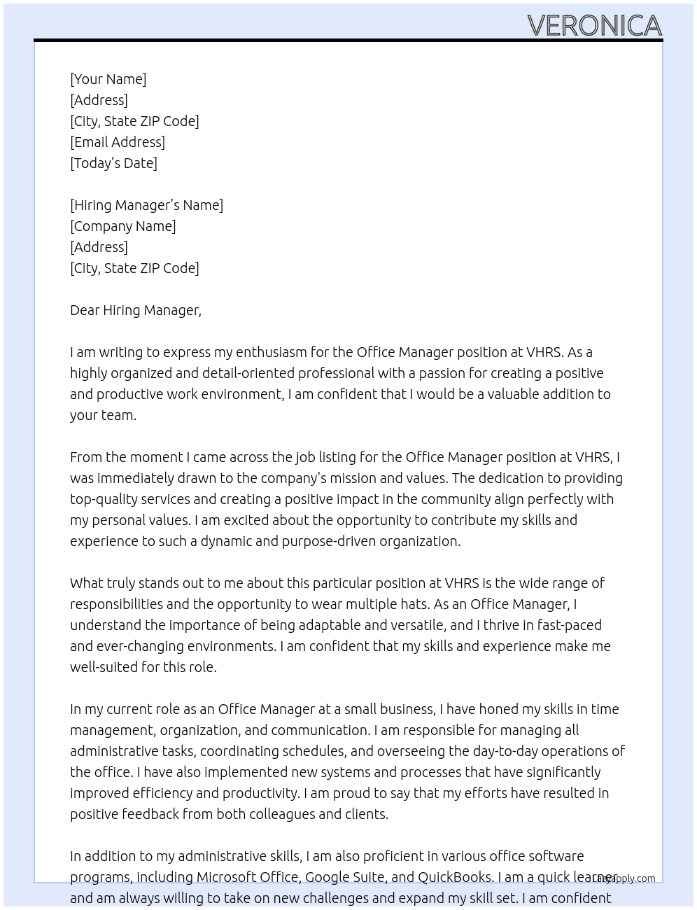 office manager At VHRS Cover Letter