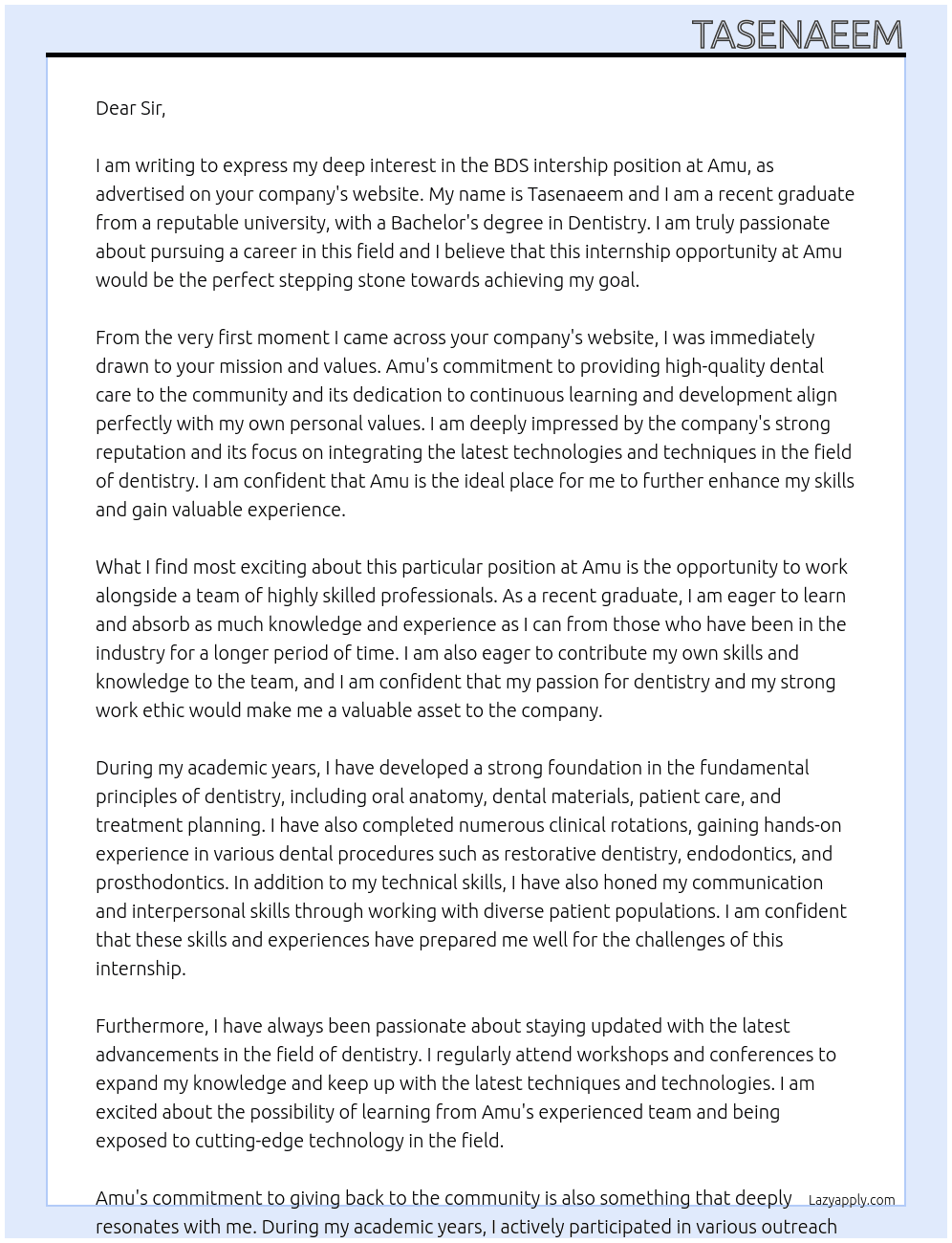 BDS intersphip At Amu Cover Letter