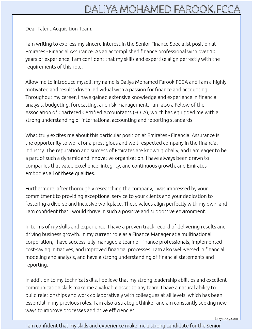 Senior Finance Specialist At Emirates - Financial Assurance Cover Letter
