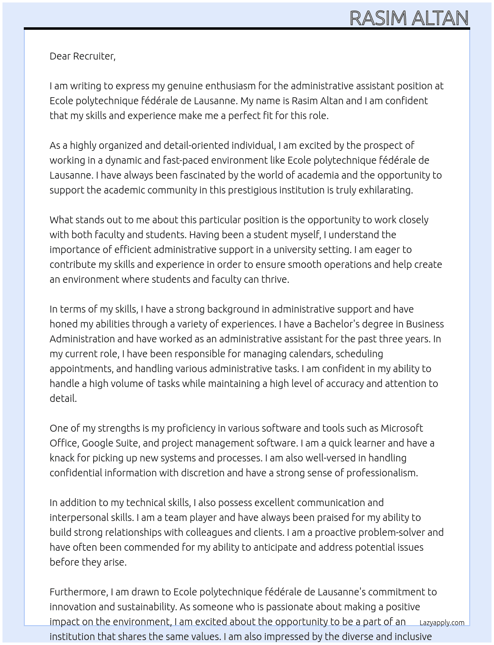 administrative assistant At Ecole polytechnique fédérale de Lausanne Cover Letter
