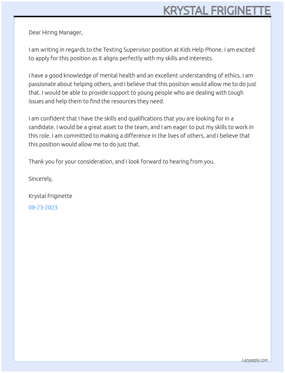 Texting Supervisor At Kids Help Phone Cover Letter
