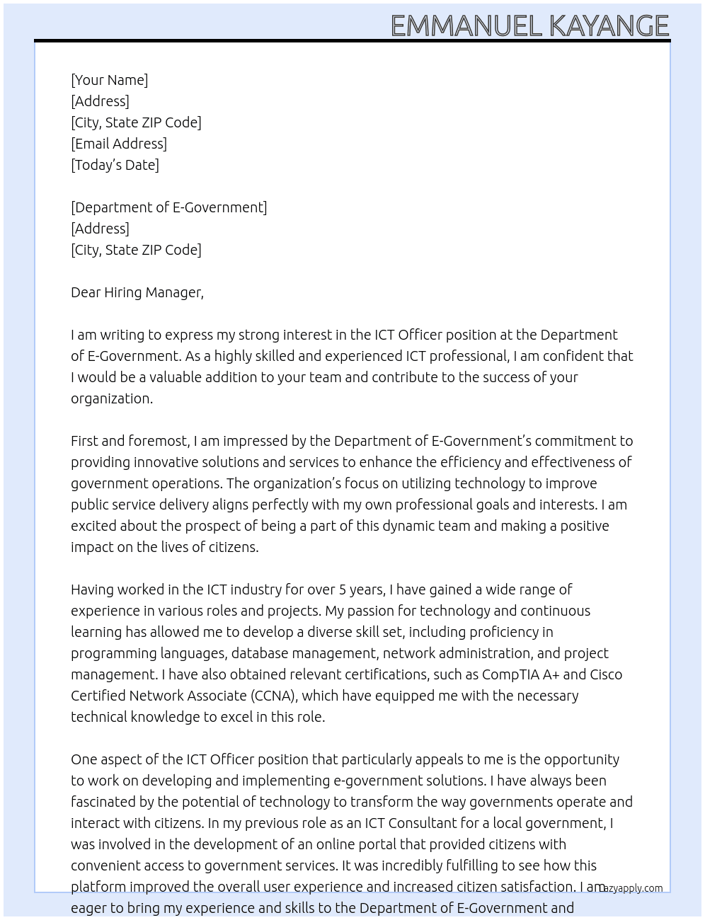 ICT OFFICER At Department of E-Government Cover Letter